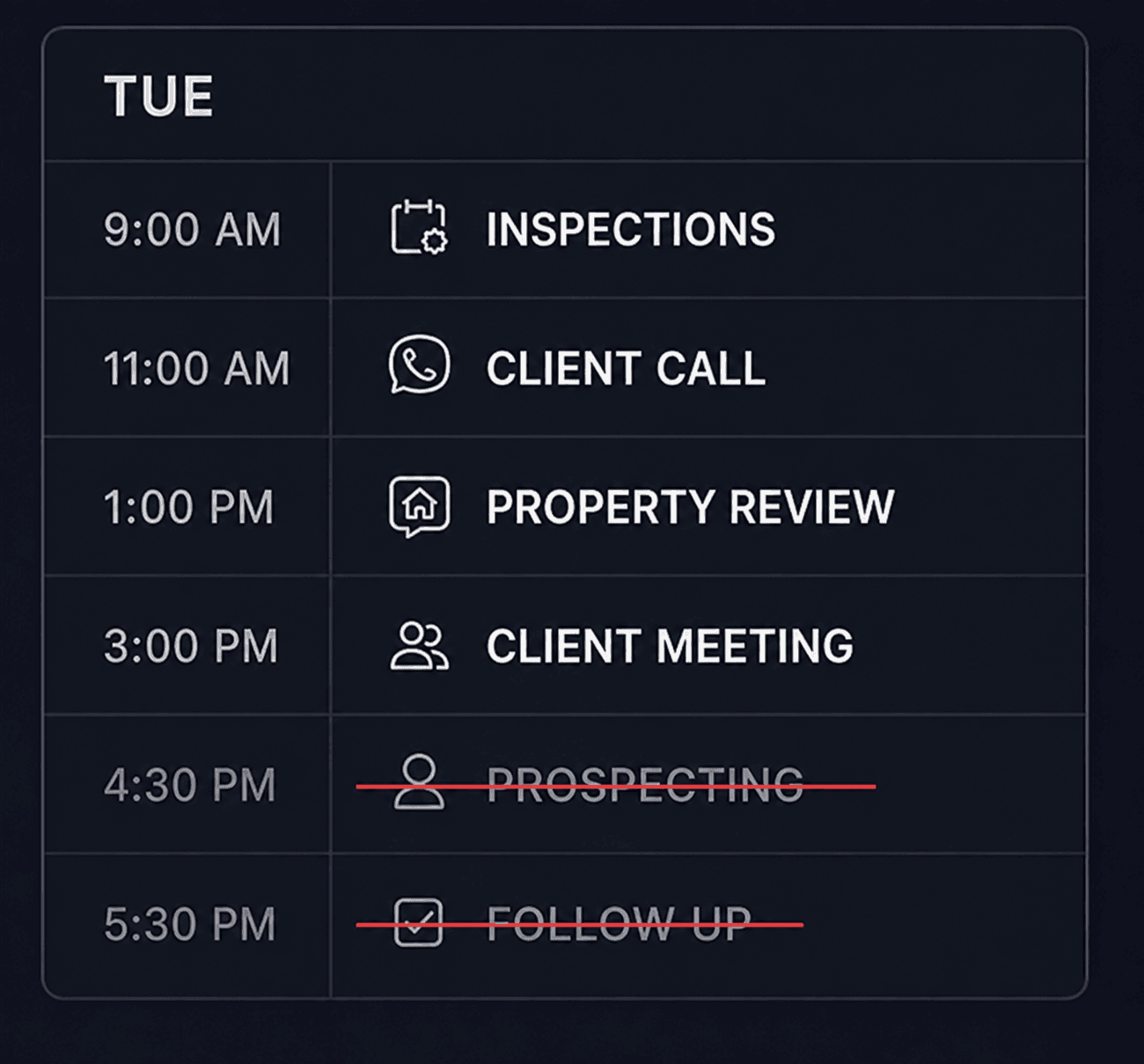A packed schedule with prospecting and follow-up crossed out