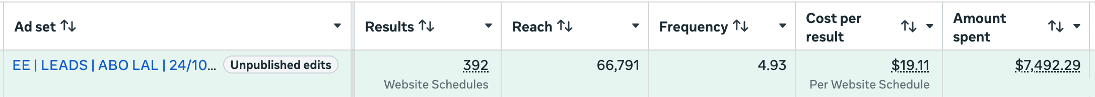 Meta Ads Manager results showing 392 website schedules at $19.11 per result